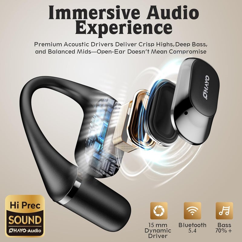 OHAYO سماعات أذن مفتوحة، سماعات أذن فوق الأذن مع خطاف أذن مريح، سماعات بلوتوث 5.4 مع شاشة رقمية ذكية، 40 ساعة من وقت التشغيل، مقاومة للماء IPX6، تحكم باللمس، مناسبة للدراجات، الجري، التمارين (أسود) - Image 4